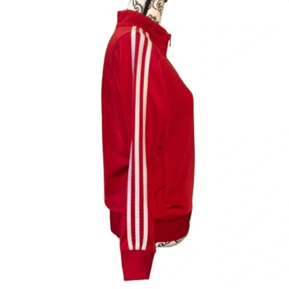 Adidas Women’s Small Zip-Front Red Essentials 3-Stripe Tricot Track Jacket - Picture 8 of 15